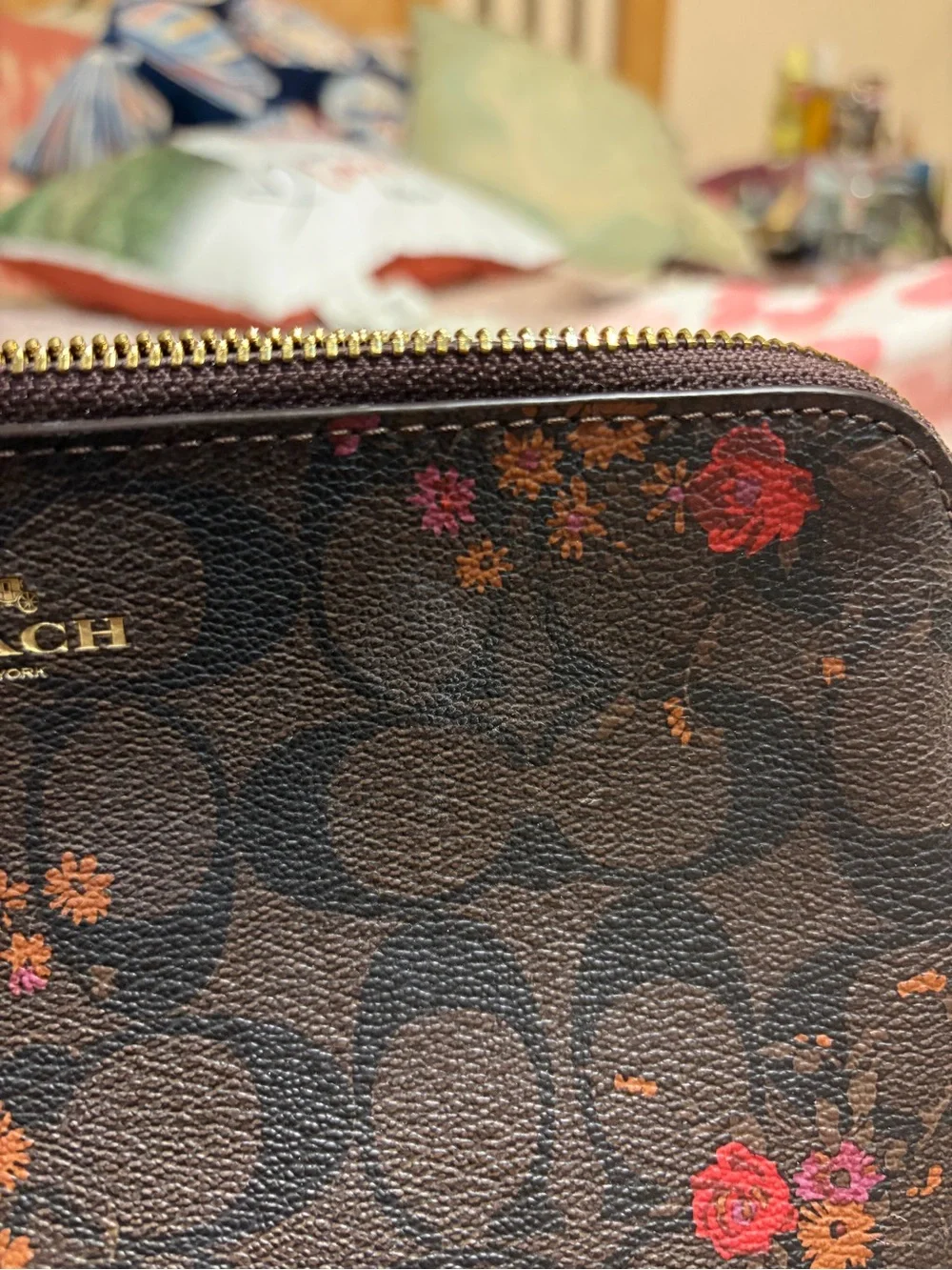 Coach Brown Floral Signature Zip Cosmetic Pouch